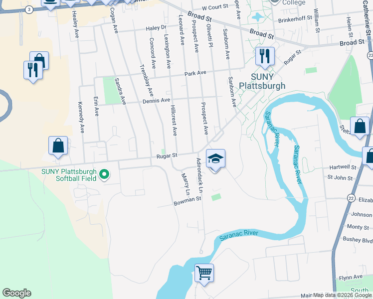 map of restaurants, bars, coffee shops, grocery stores, and more near 139 Rugar St in Plattsburgh