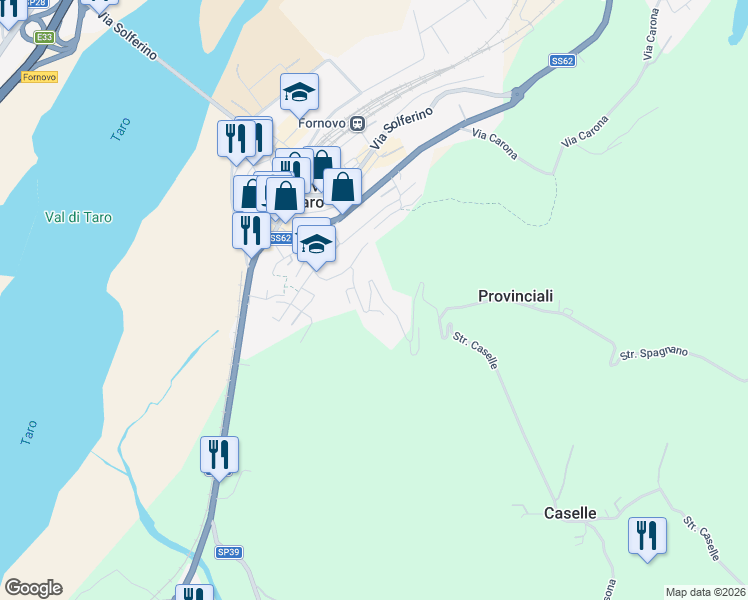 map of restaurants, bars, coffee shops, grocery stores, and more near 54 Via Guglielmo Marconi in Fornovo di Taro