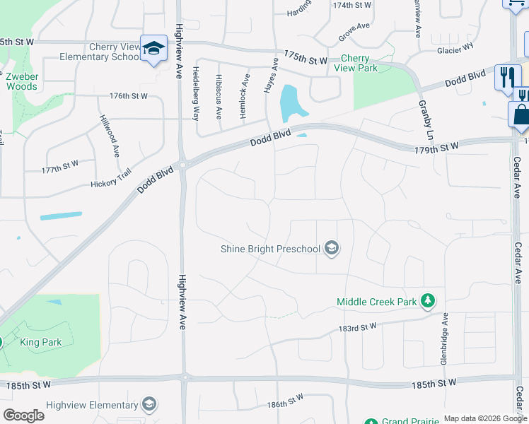 map of restaurants, bars, coffee shops, grocery stores, and more near Unnamed Road in Lakeville