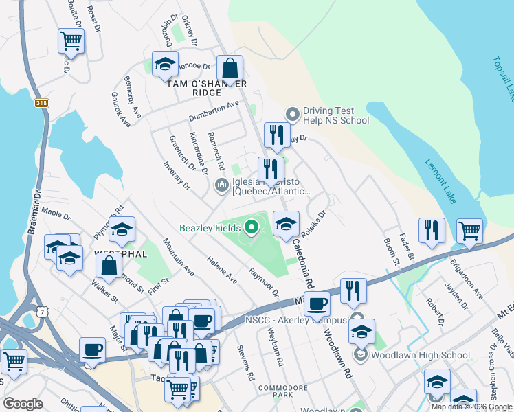 map of restaurants, bars, coffee shops, grocery stores, and more near 13 Westwood Drive in Dartmouth