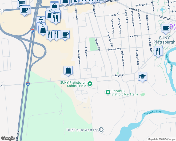 map of restaurants, bars, coffee shops, grocery stores, and more near 1 College Ave in Plattsburgh