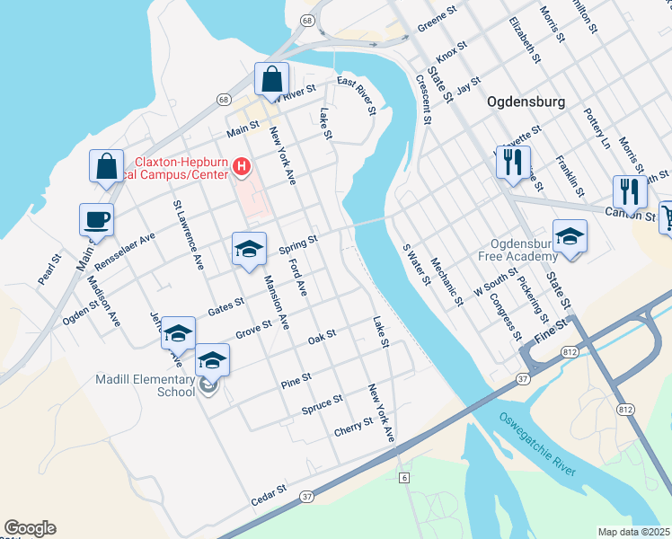 map of restaurants, bars, coffee shops, grocery stores, and more near 616 New York Avenue in Ogdensburg