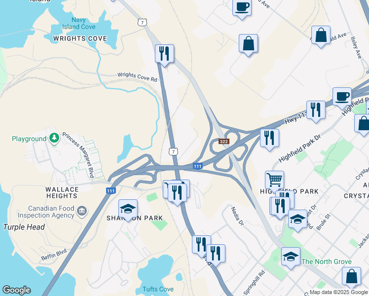 map of restaurants, bars, coffee shops, grocery stores, and more near Waddell Avenue in Dartmouth
