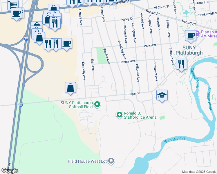 map of restaurants, bars, coffee shops, grocery stores, and more near 184 Rugar Street in Plattsburgh