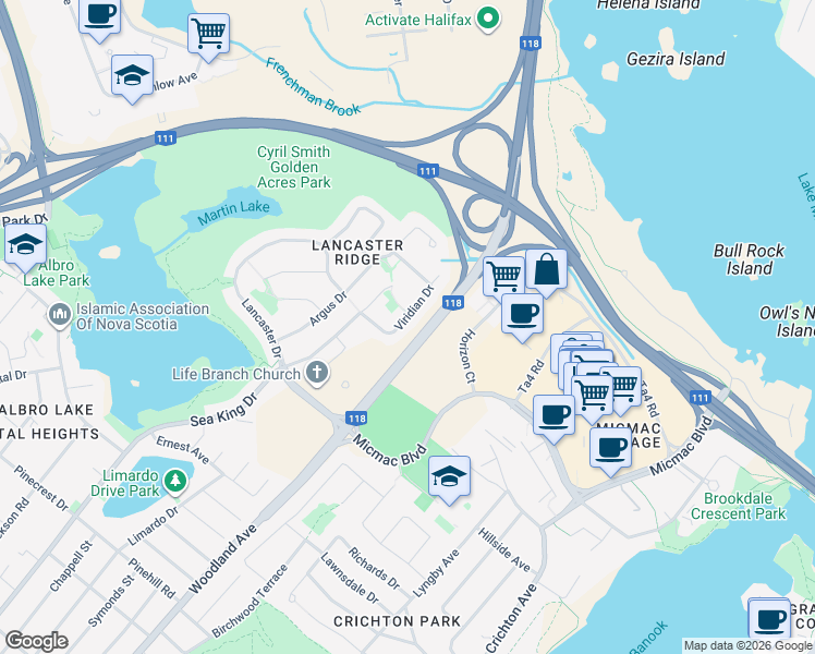 map of restaurants, bars, coffee shops, grocery stores, and more near 52 Viridian Drive in Dartmouth