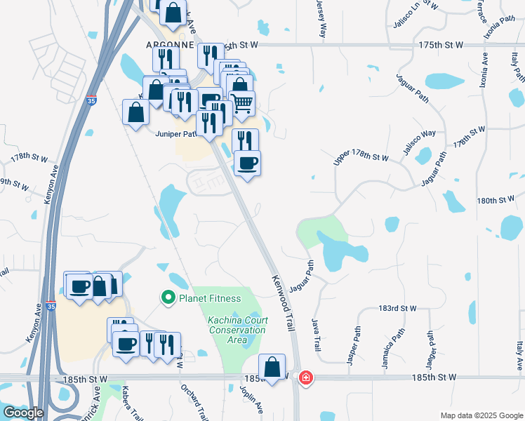map of restaurants, bars, coffee shops, grocery stores, and more near 18030 Kenwood Trail in Lakeville