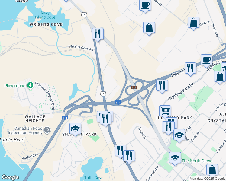 map of restaurants, bars, coffee shops, grocery stores, and more near Waddell Avenue in Dartmouth