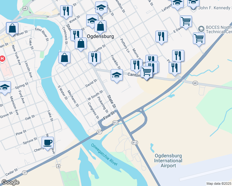 map of restaurants, bars, coffee shops, grocery stores, and more near 1100 State Street in Ogdensburg