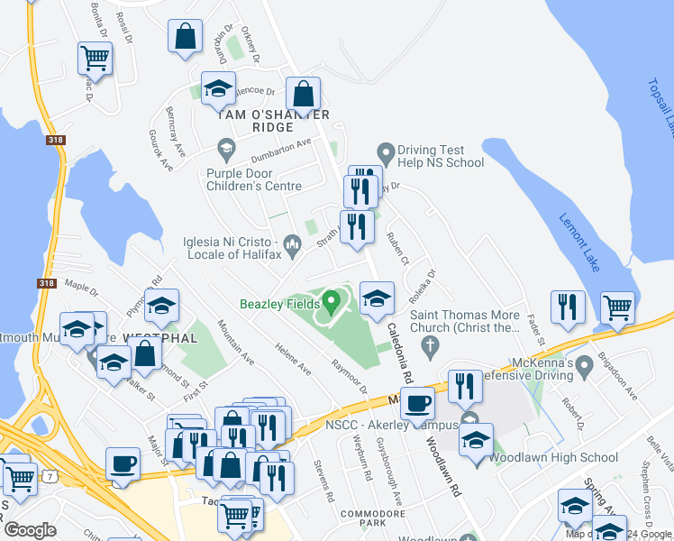 map of restaurants, bars, coffee shops, grocery stores, and more near Westwood Drive in Dartmouth