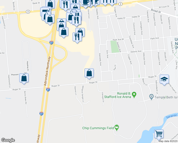 map of restaurants, bars, coffee shops, grocery stores, and more near 18 Ampersand Drive in Plattsburgh