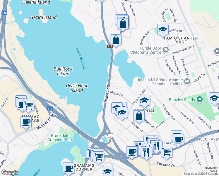 map of restaurants, bars, coffee shops, grocery stores, and more near 142 Braemar Drive in Dartmouth