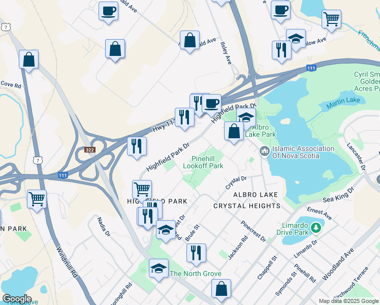 map of restaurants, bars, coffee shops, grocery stores, and more near 25 Highfield Park Drive in Dartmouth