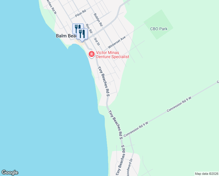 map of restaurants, bars, coffee shops, grocery stores, and more near 72 Tiny Beaches Road South in Simcoe County