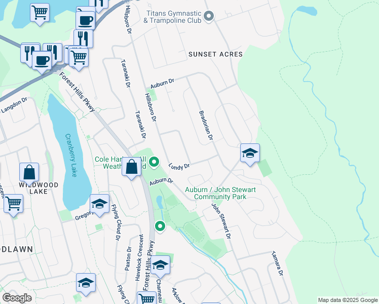 map of restaurants, bars, coffee shops, grocery stores, and more near 83 Madeira Crescent in Dartmouth