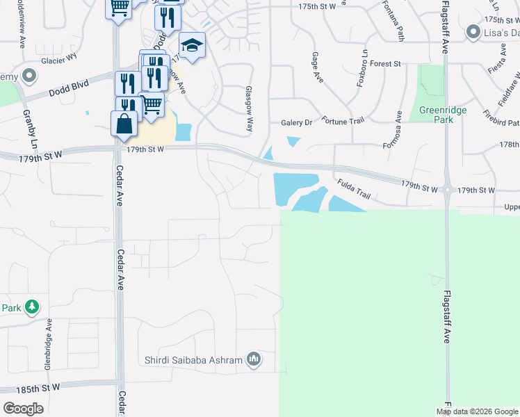 map of restaurants, bars, coffee shops, grocery stores, and more near 179th Street West in Farmington