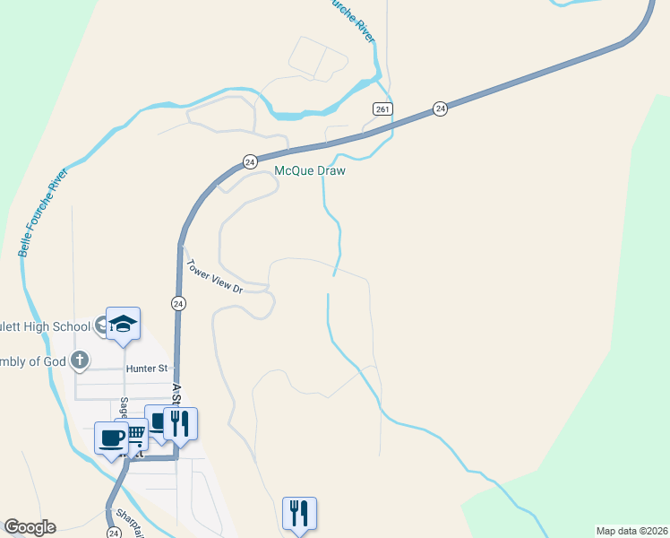 map of restaurants, bars, coffee shops, grocery stores, and more near Fawn Ridge Road in Hulett