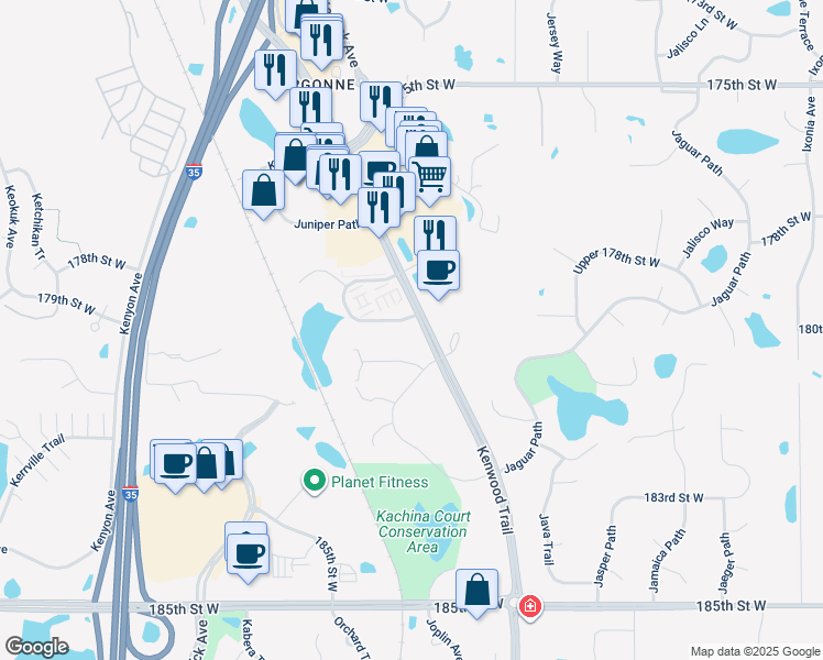 map of restaurants, bars, coffee shops, grocery stores, and more near 17978 Jubilee Way in Lakeville
