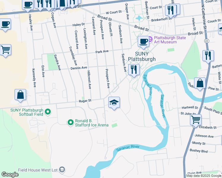 map of restaurants, bars, coffee shops, grocery stores, and more near 8 Prospect Ave in Plattsburgh