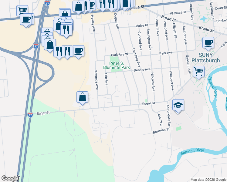 map of restaurants, bars, coffee shops, grocery stores, and more near 6 Erin Avenue in Plattsburgh