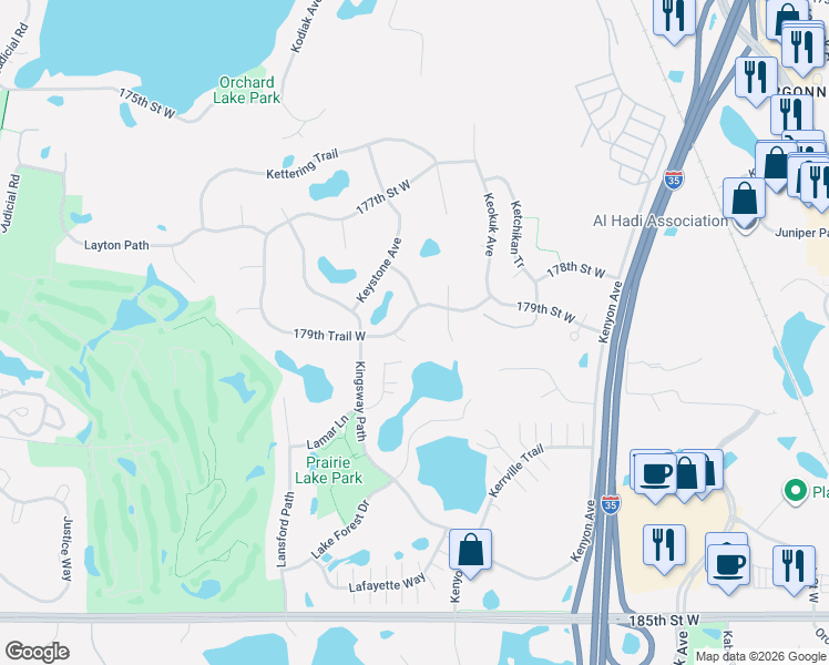 map of restaurants, bars, coffee shops, grocery stores, and more near 17891 179th Trail West in Lakeville
