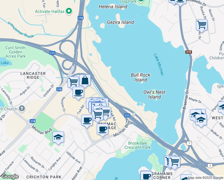map of restaurants, bars, coffee shops, grocery stores, and more near 124 Lakeshore Park Terrace in Dartmouth
