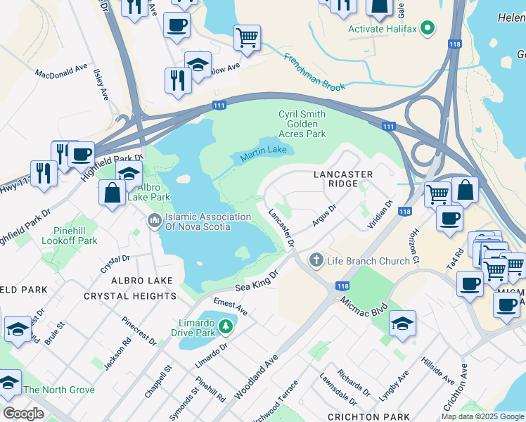 map of restaurants, bars, coffee shops, grocery stores, and more near 62 Lancaster Drive in Dartmouth