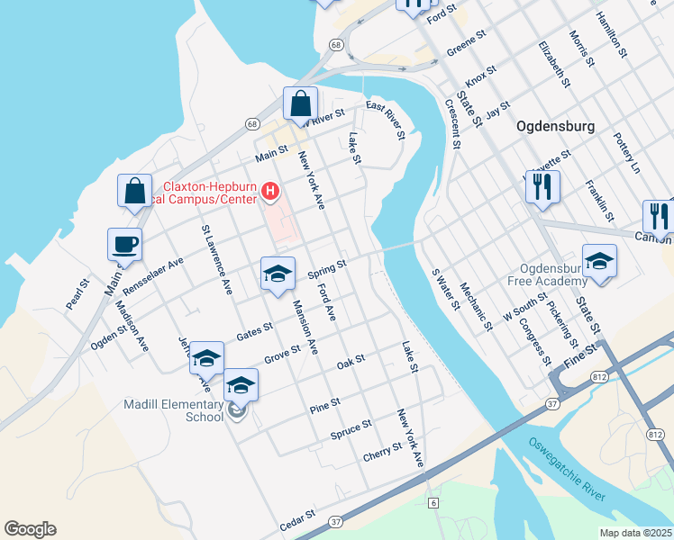 map of restaurants, bars, coffee shops, grocery stores, and more near 501 New York Avenue in Ogdensburg