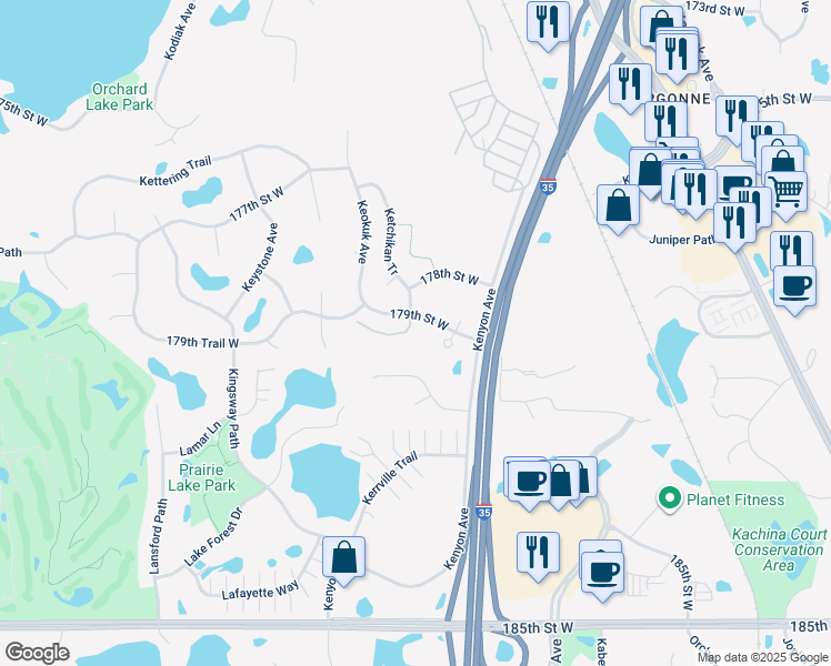 map of restaurants, bars, coffee shops, grocery stores, and more near 17919 Kindle Court in Lakeville