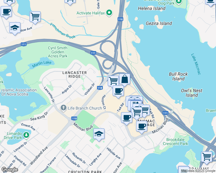 map of restaurants, bars, coffee shops, grocery stores, and more near 7 Horizon Court in Dartmouth