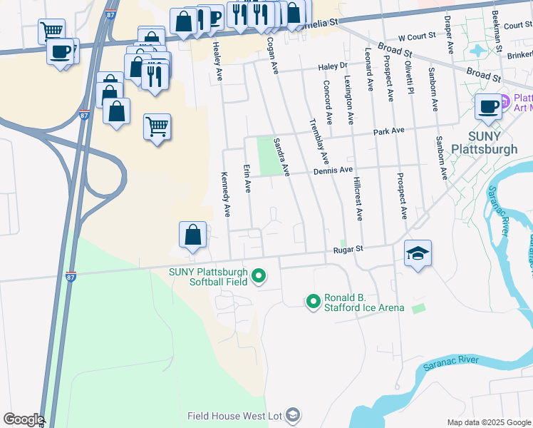 map of restaurants, bars, coffee shops, grocery stores, and more near 6 Erin Avenue in Plattsburgh