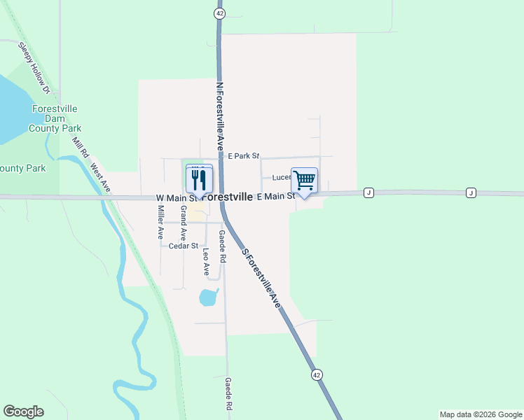 map of restaurants, bars, coffee shops, grocery stores, and more near 163 East Main Street in Forestville
