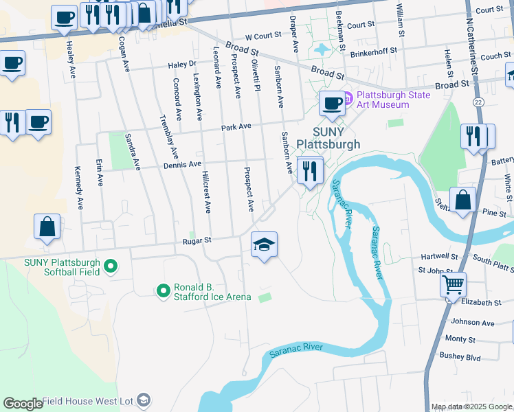 map of restaurants, bars, coffee shops, grocery stores, and more near 8 Prospect Ave in Plattsburgh
