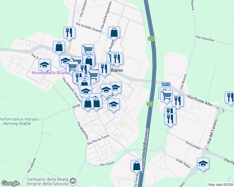 map of restaurants, bars, coffee shops, grocery stores, and more near 14 Via Ori in Campogalliano