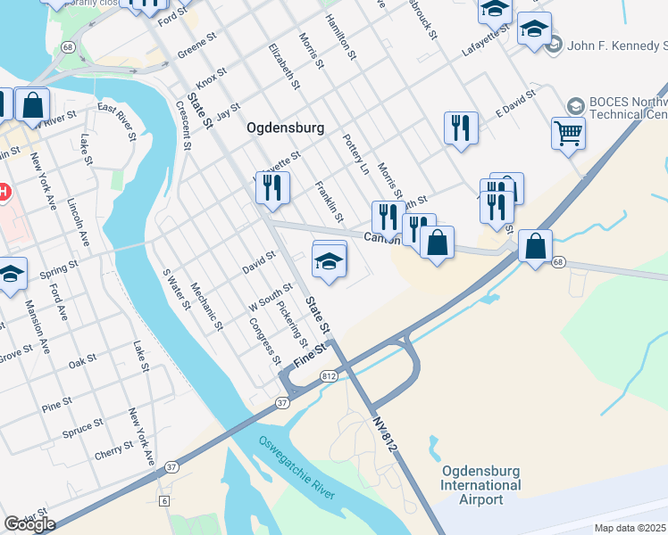 map of restaurants, bars, coffee shops, grocery stores, and more near 1100 State Street in Ogdensburg
