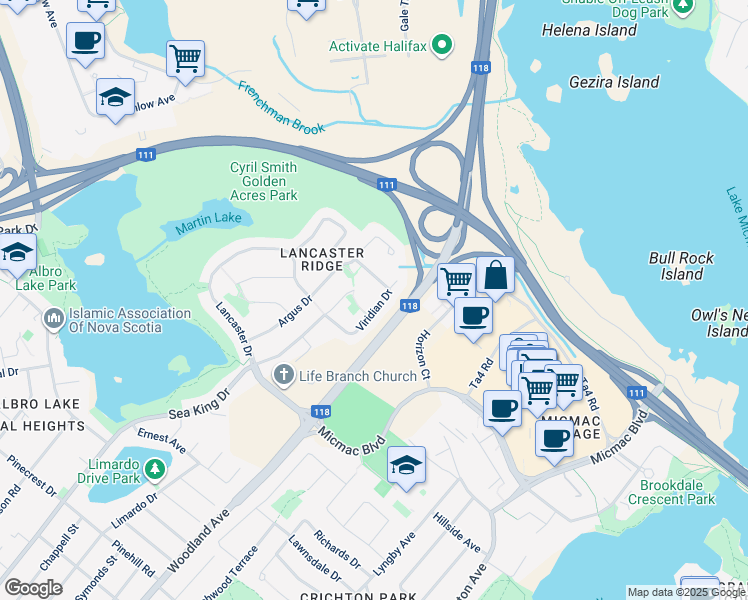 map of restaurants, bars, coffee shops, grocery stores, and more near 81 Viridian Drive in Dartmouth