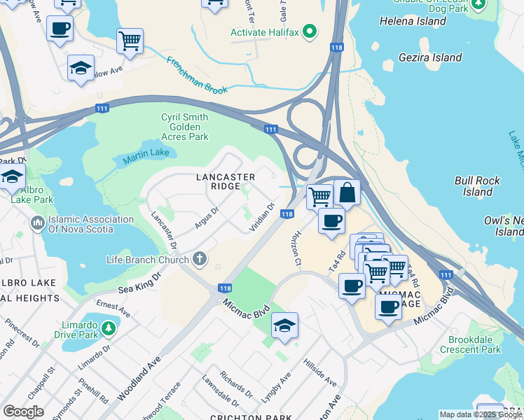 map of restaurants, bars, coffee shops, grocery stores, and more near 81 Viridian Drive in Dartmouth