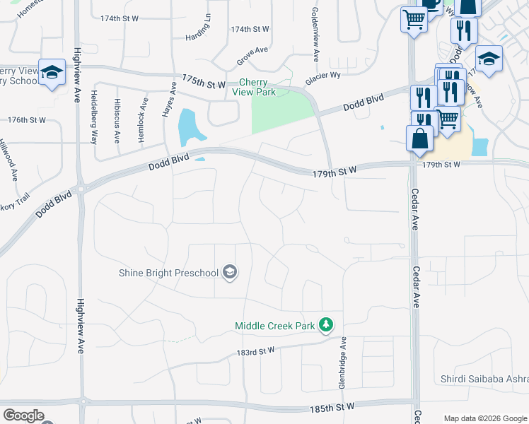 map of restaurants, bars, coffee shops, grocery stores, and more near 17977 Gresford Lane in Lakeville
