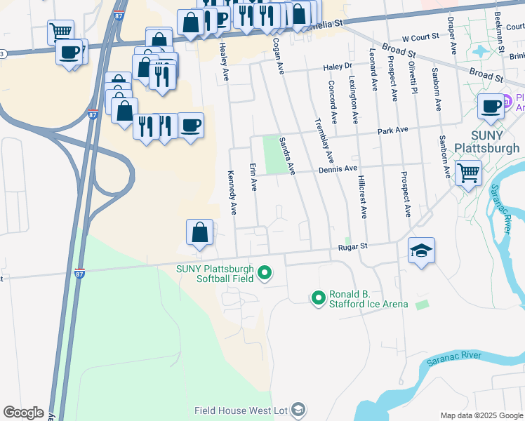 map of restaurants, bars, coffee shops, grocery stores, and more near 6 Erin Avenue in Plattsburgh