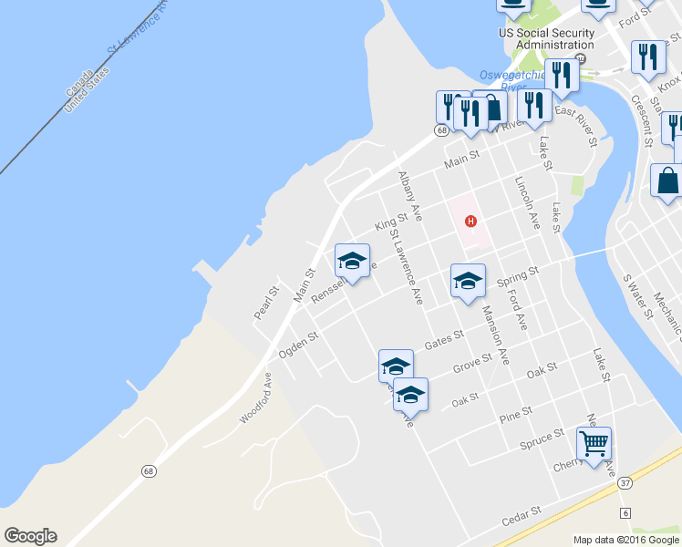 map of restaurants, bars, coffee shops, grocery stores, and more near 623 Rensselaer Avenue in Ogdensburg