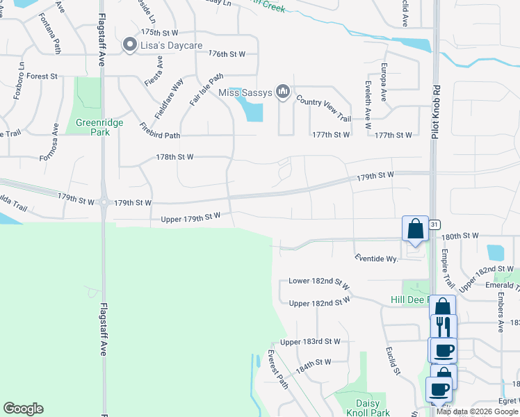 map of restaurants, bars, coffee shops, grocery stores, and more near 6019 Upper 179th Street in Lakeville