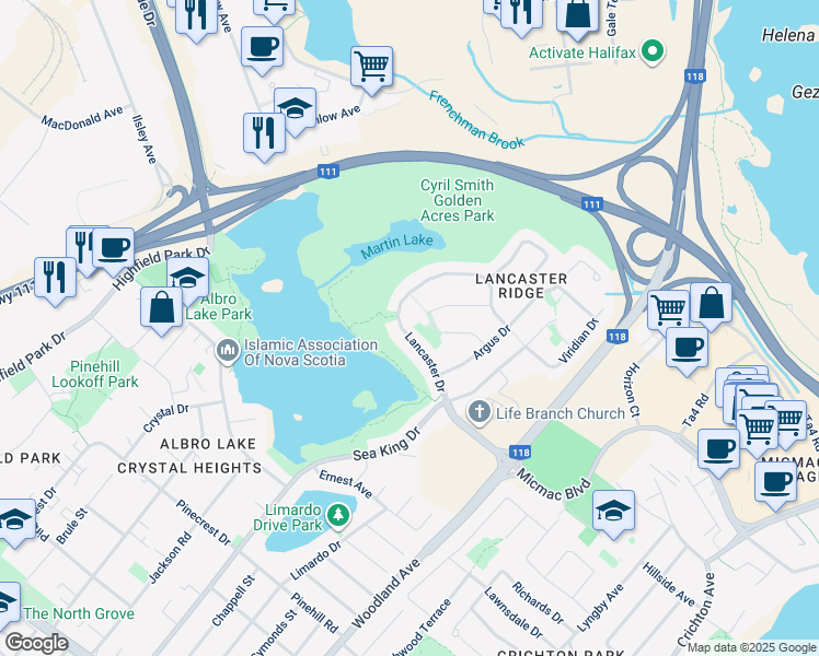 map of restaurants, bars, coffee shops, grocery stores, and more near 62 Lancaster Drive in Dartmouth