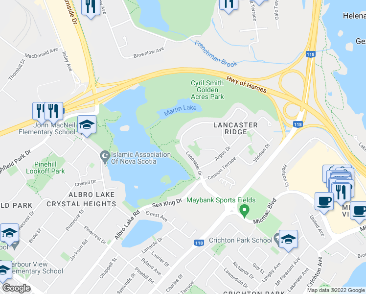 map of restaurants, bars, coffee shops, grocery stores, and more near 60 Lancaster Drive in Dartmouth