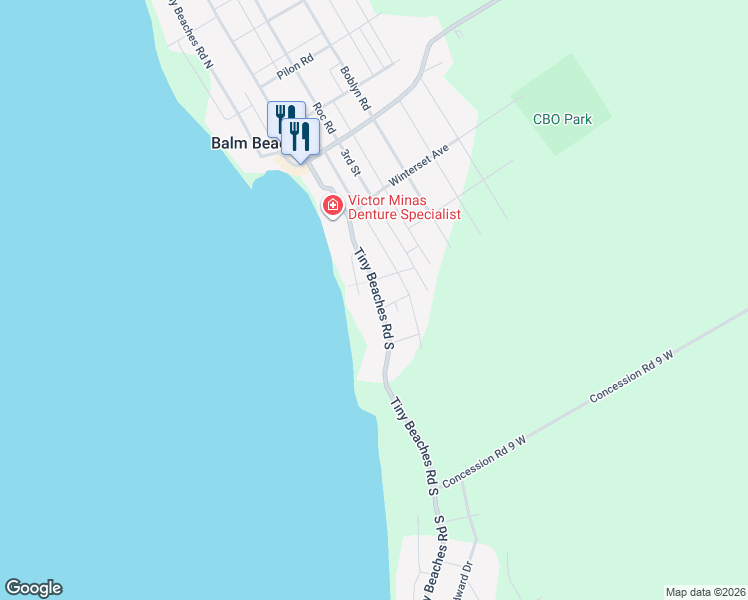 map of restaurants, bars, coffee shops, grocery stores, and more near 72 Tiny Beaches Road South in Simcoe County