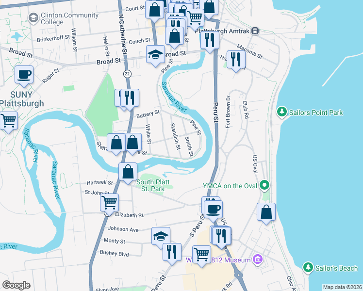 map of restaurants, bars, coffee shops, grocery stores, and more near 38 Standish Street in Plattsburgh