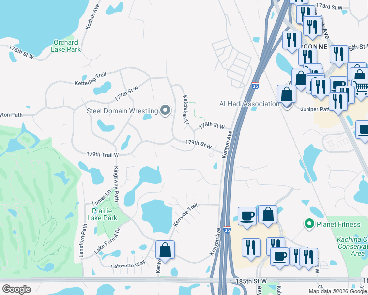 map of restaurants, bars, coffee shops, grocery stores, and more near 17940 Kindle Court in Lakeville