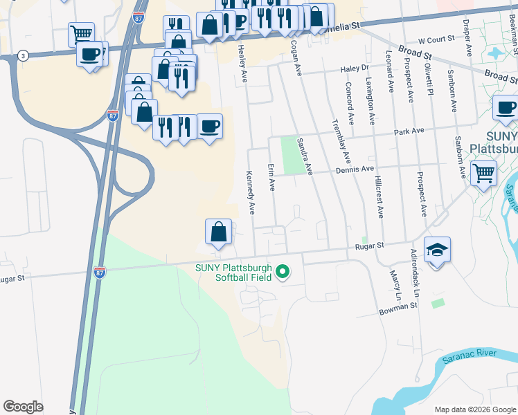 map of restaurants, bars, coffee shops, grocery stores, and more near 16 Kennedy Avenue in Plattsburgh