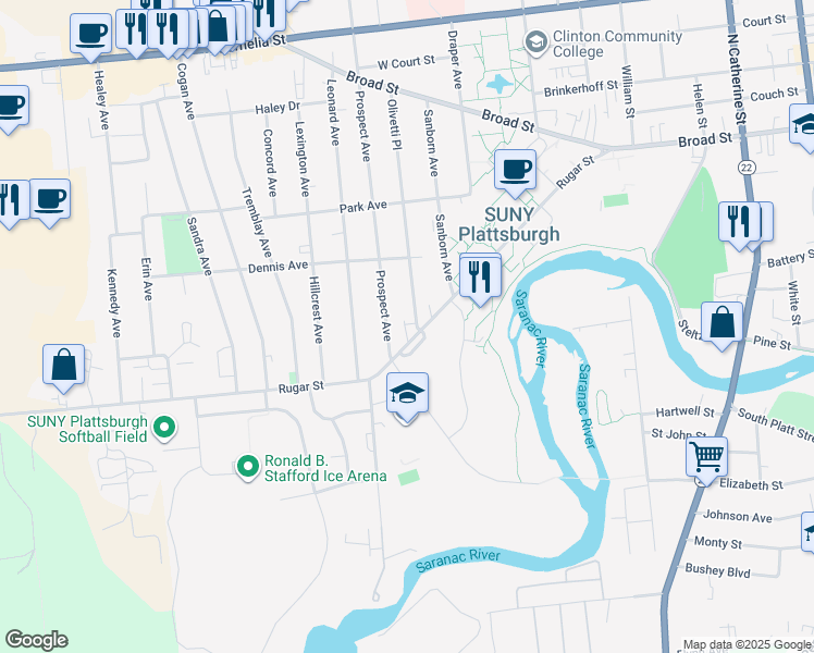 map of restaurants, bars, coffee shops, grocery stores, and more near 8 Prospect Ave in Plattsburgh