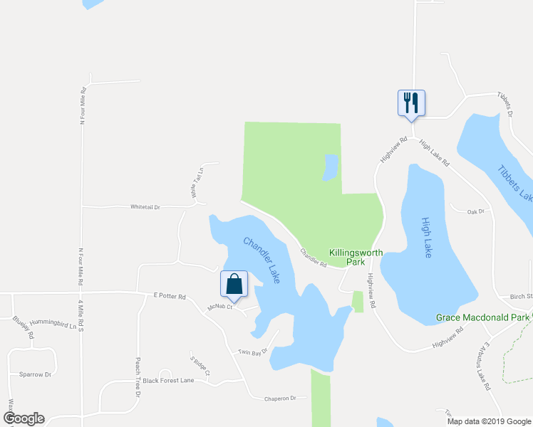 map of restaurants, bars, coffee shops, grocery stores, and more near 2400 Chandler Road in Traverse City