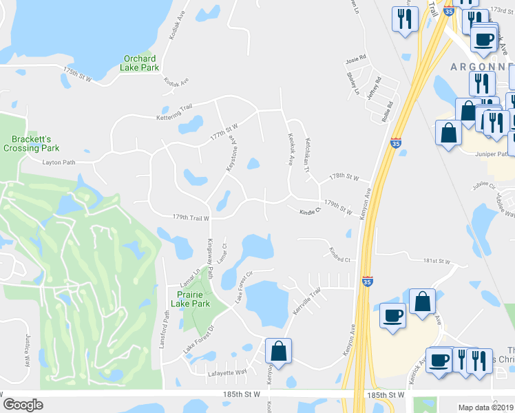 map of restaurants, bars, coffee shops, grocery stores, and more near 17891 179th Trail West in Lakeville