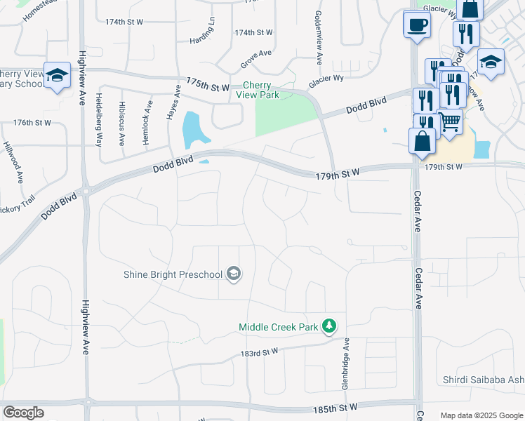 map of restaurants, bars, coffee shops, grocery stores, and more near 17977 Gresford Lane in Lakeville